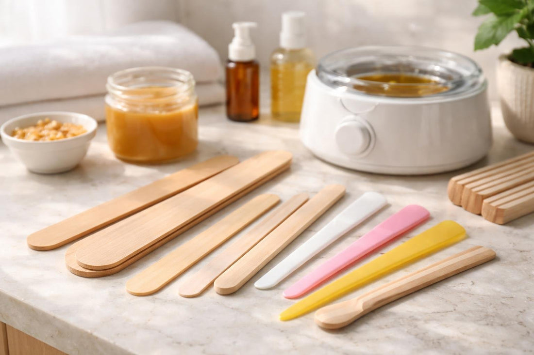 Assortment of waxing spatulas and applicators on counter