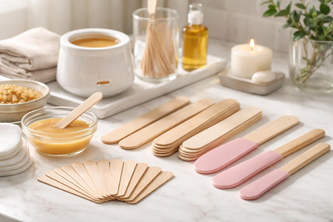 assorted waxing spatulas and applicators on white surface
