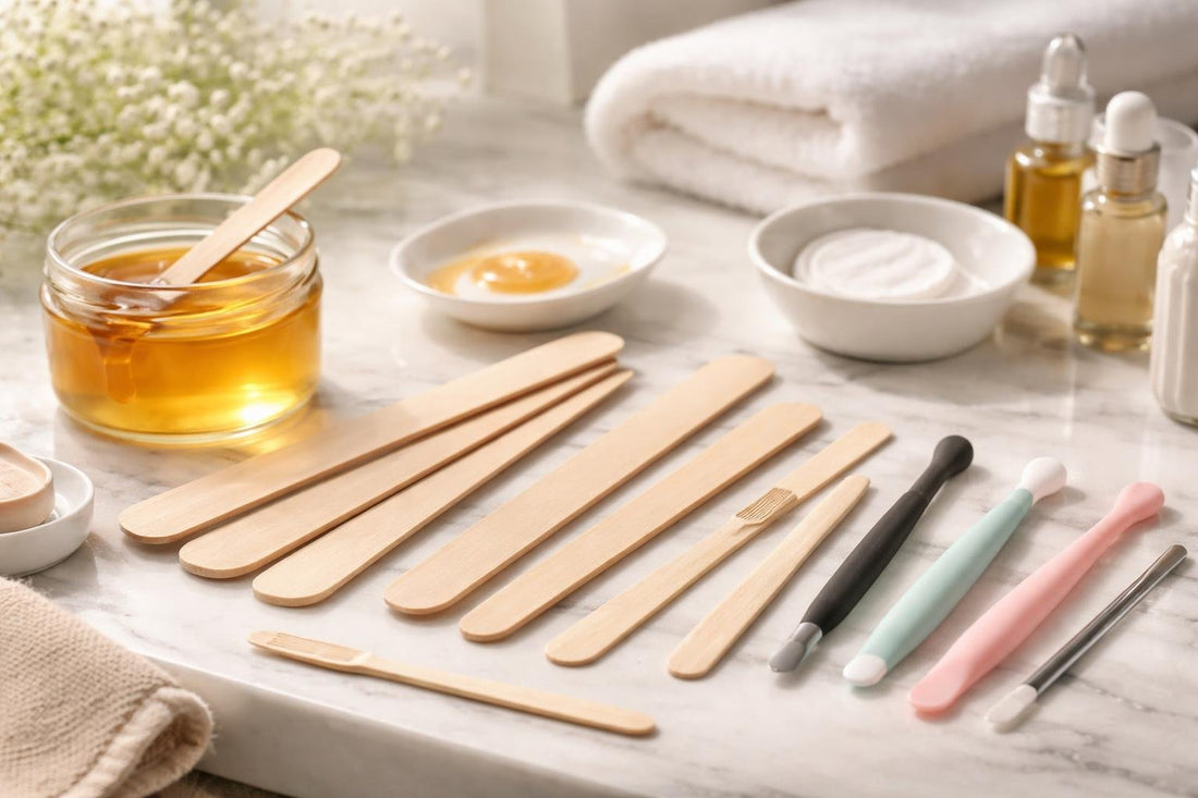 Variety of waxing spatulas and applicators laid out