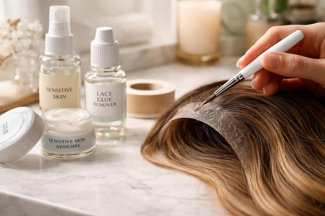 Close-up of lace front wig adhesive application process