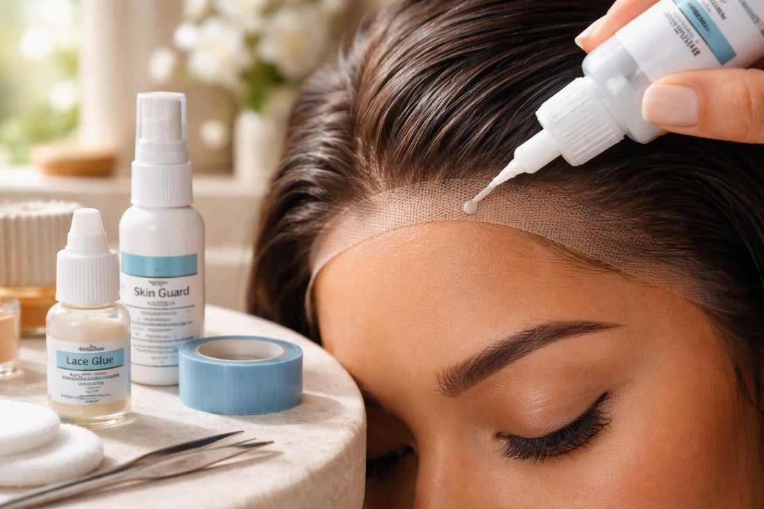 Close-up of wig adhesive application on scalp