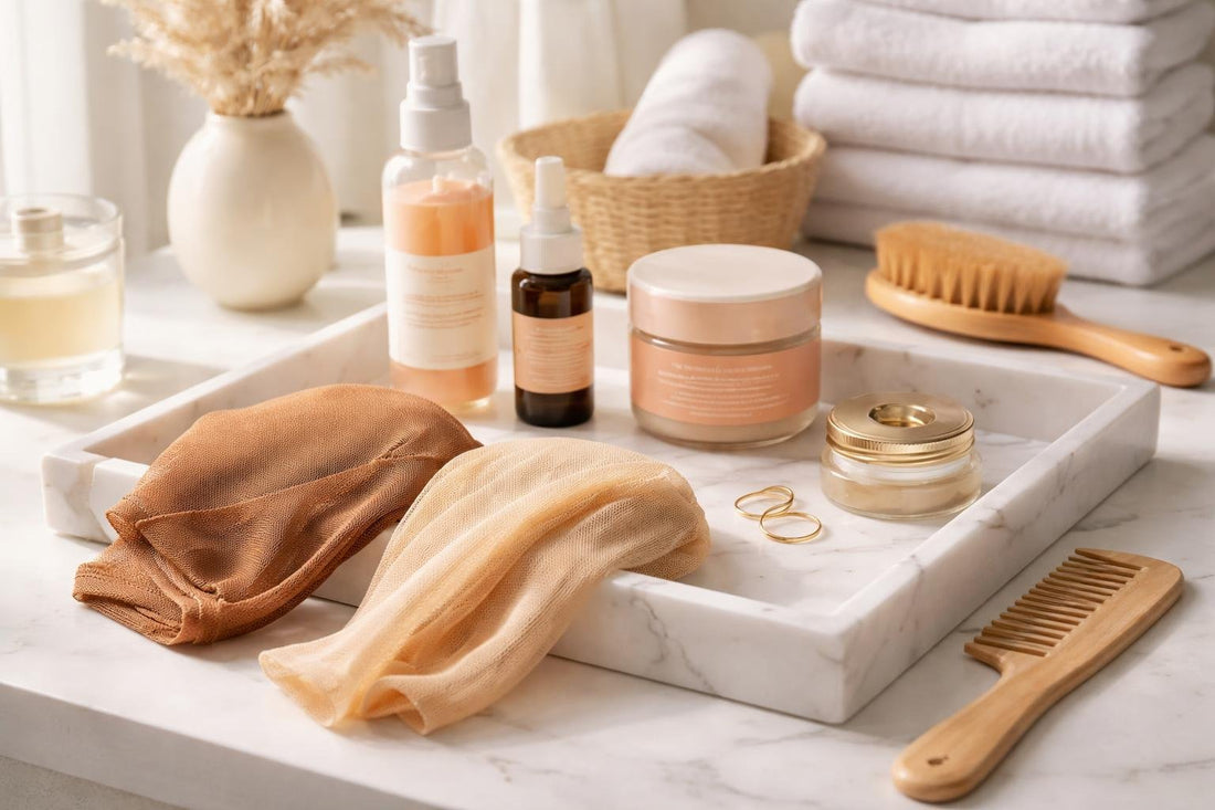 Wig cap essentials laid out for daily wig wear