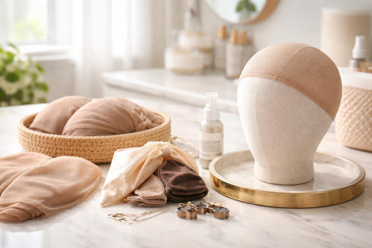 Petite head wig caps and accessories in Toronto studio