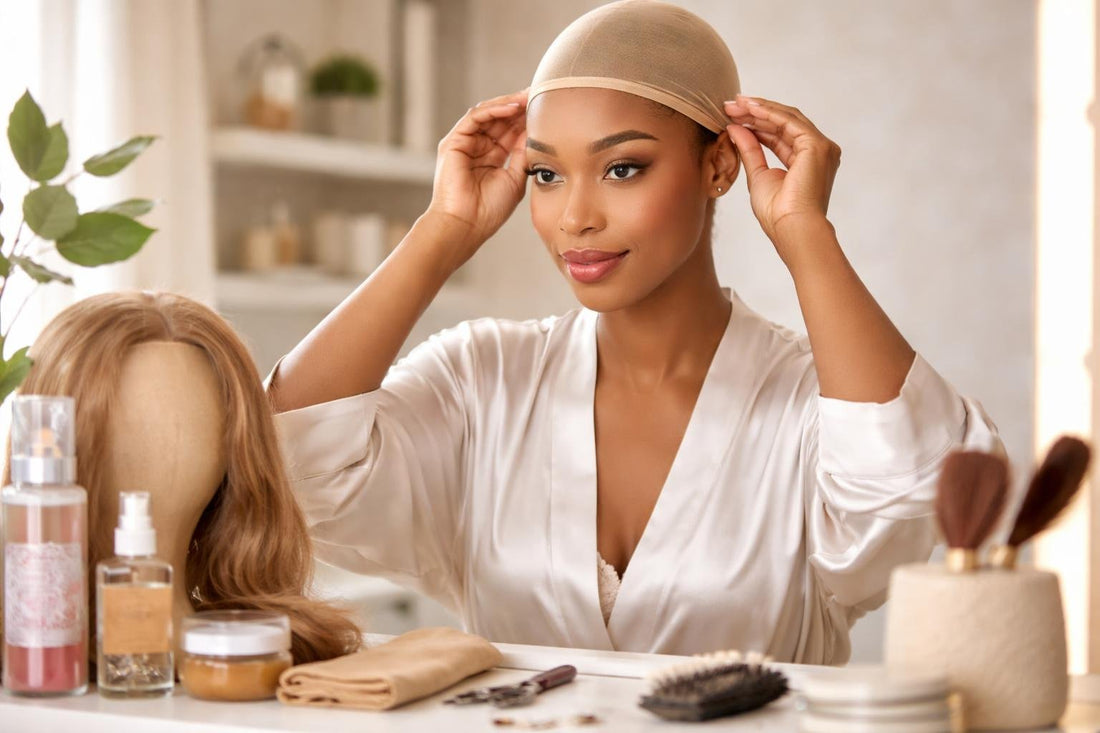 Woman adjusting wig cap for comfortable fit