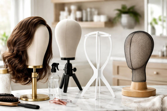 Montage of wig head stands for styling and storage