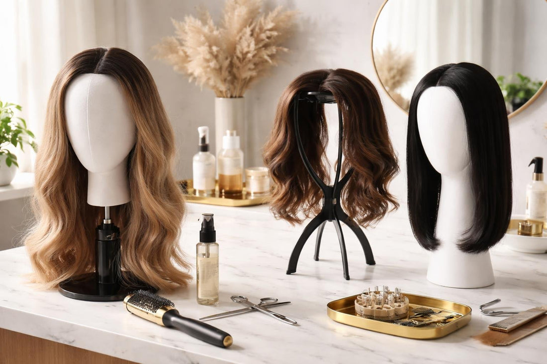 Wig head stand setup for styling and drying