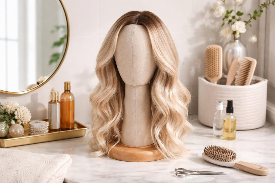 Wig on head stand for styling and storage