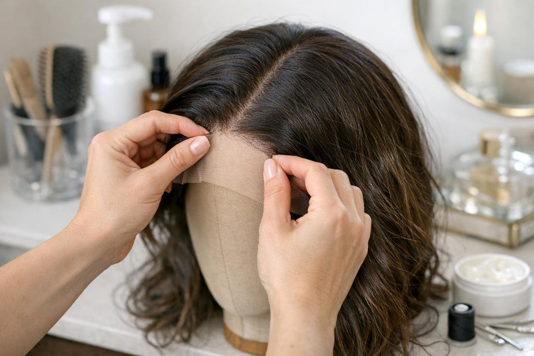 hands fixing lace front wig on mannequin