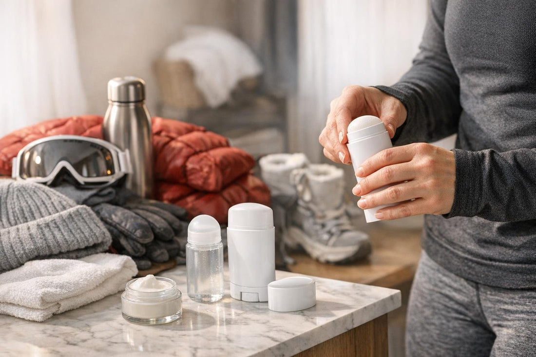 Applying antiperspirant deodorant before winter workout in Canada