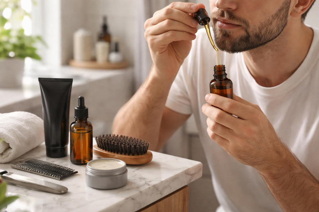 Man applying beard oil to soften winter-dry facial hair