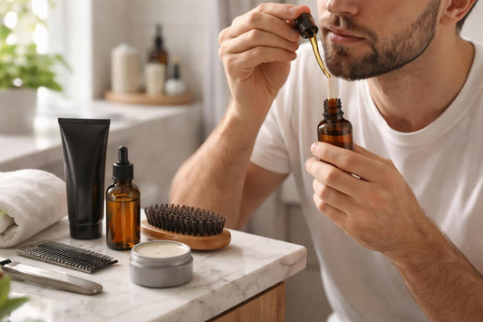 Man applying beard oil to soften winter-dry facial hair