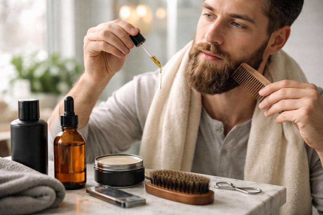 Man grooming beard with oil and comb for winter care