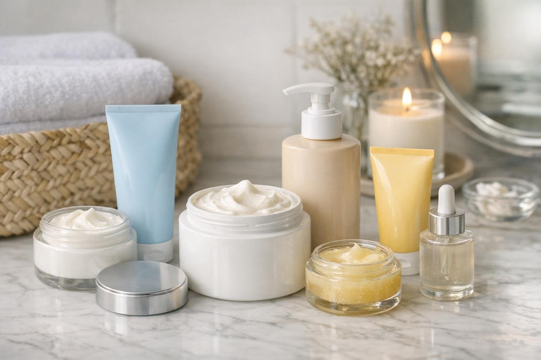 Assorted body creams and moisturizers for dry winter skin