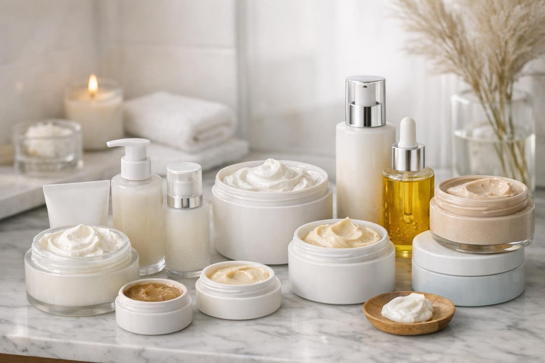 Assorted body creams and moisturizers for winter skin