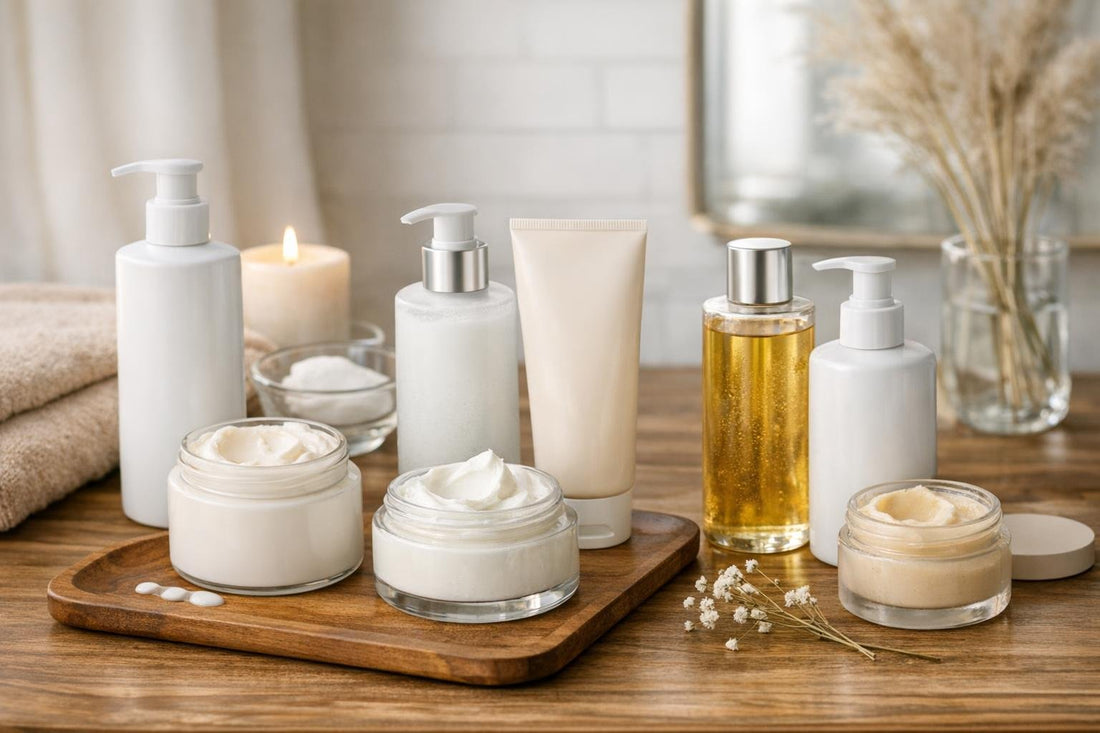assorted winter body moisturizers on wooden table