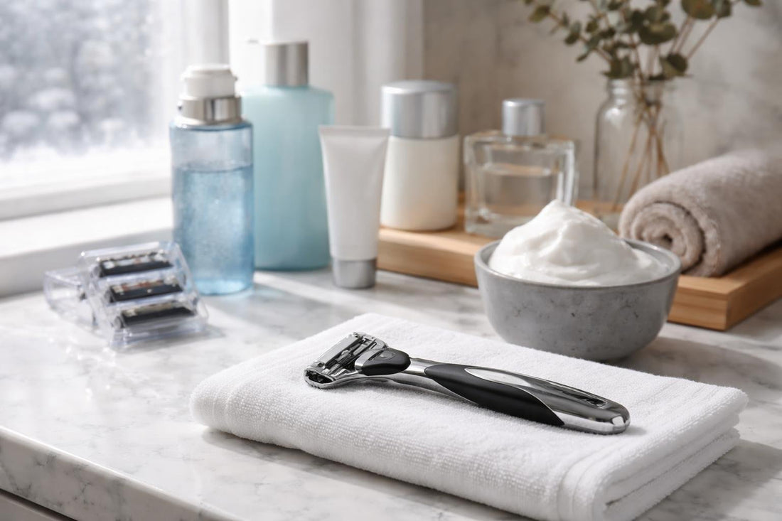Beginner men shaving with cartridge razor in Canadian winter