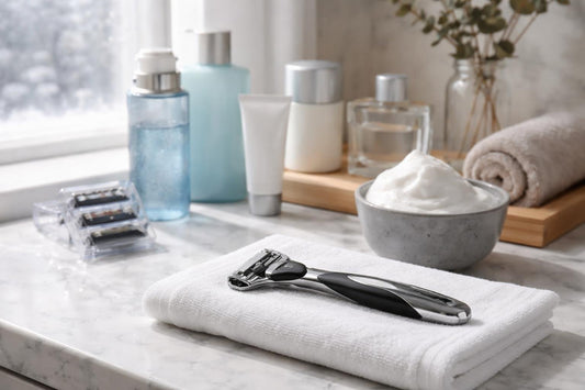 Beginner men shaving with cartridge razor in Canadian winter