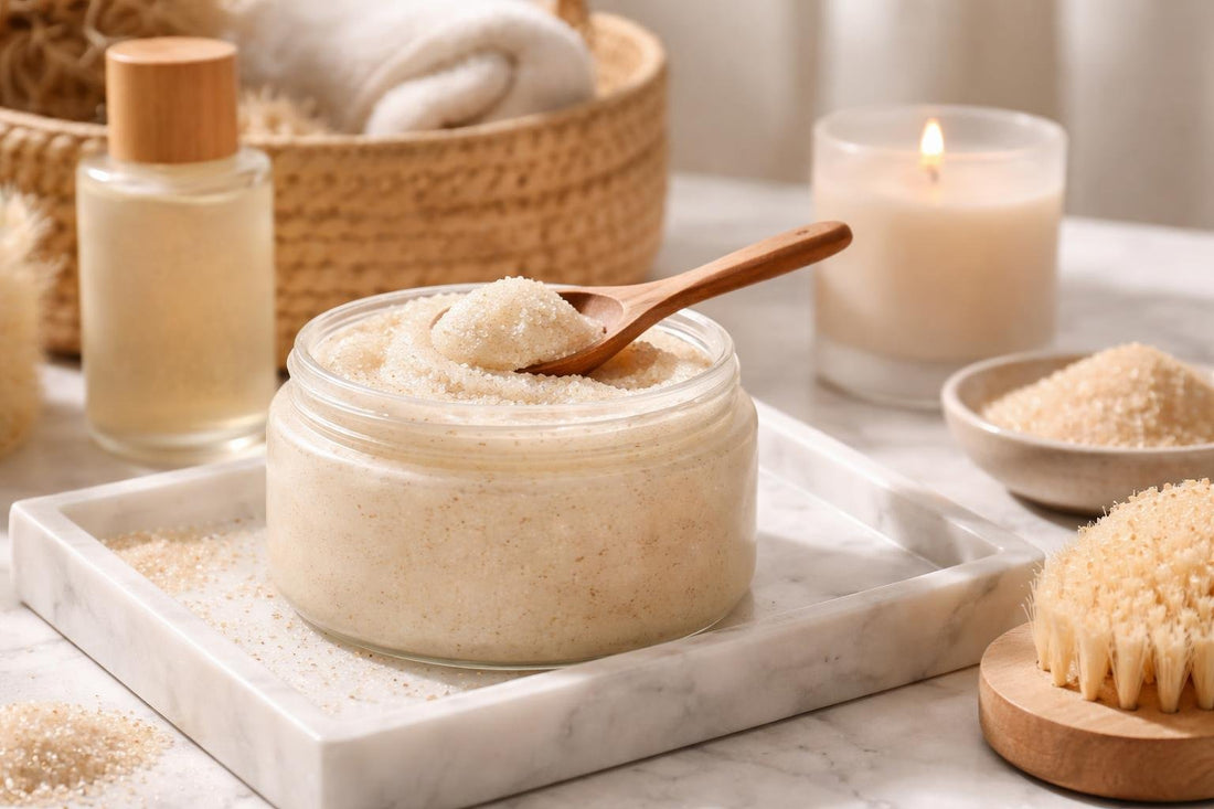 gentle exfoliating body scrub jar and sugar crystals