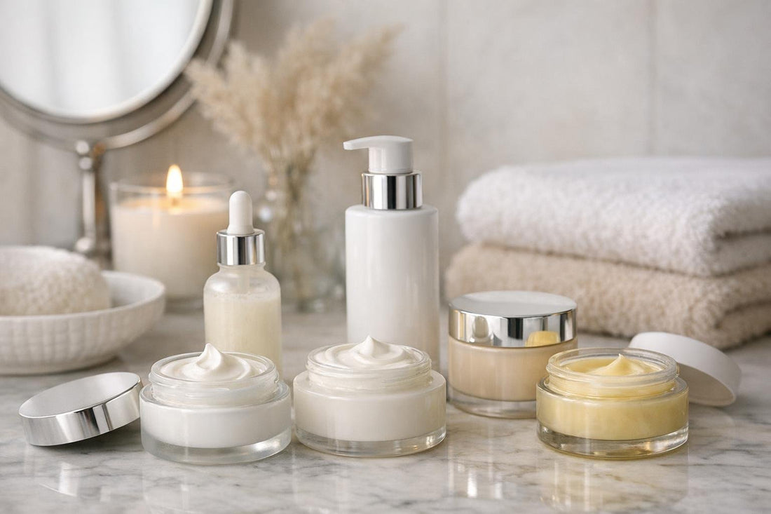 Winter facial creams and moisturizers on counter