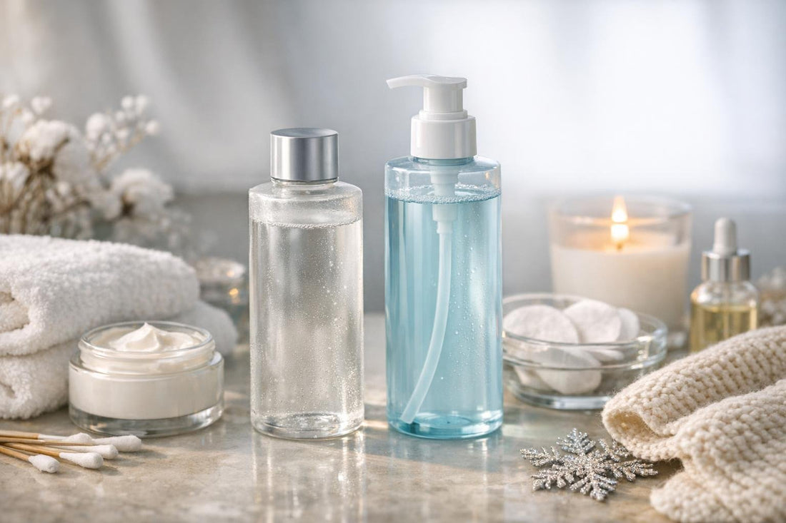 Hydrating facial toner bottles beside winter skincare essentials
