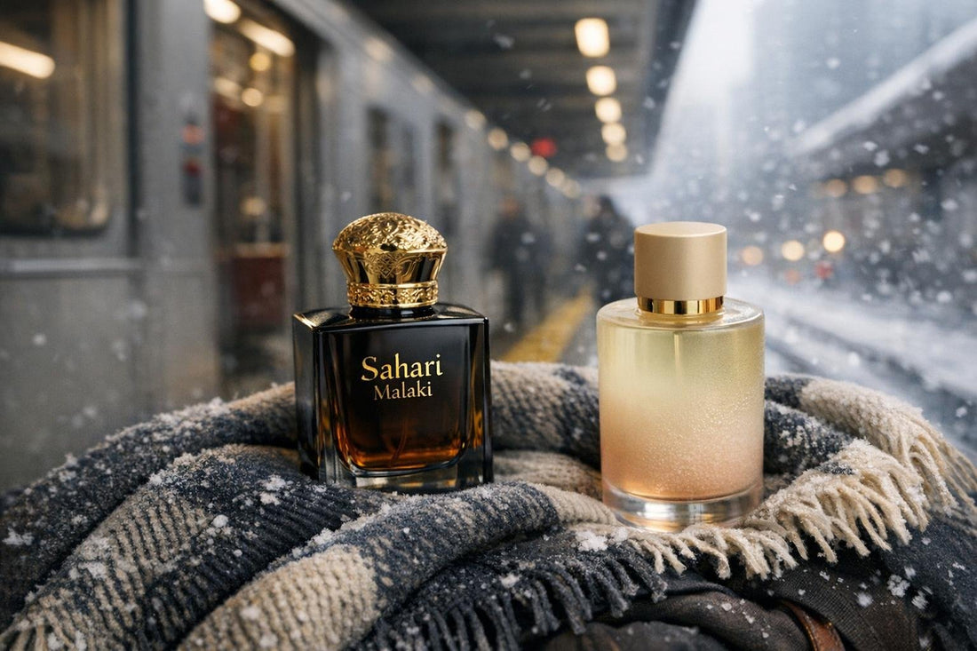 Perfume bottles on scarf during Toronto winter commute
