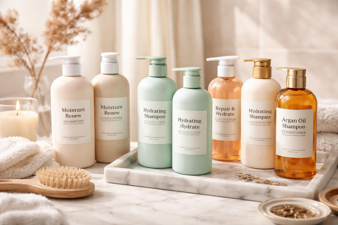 Winter hair care: shampoo and conditioner bottles