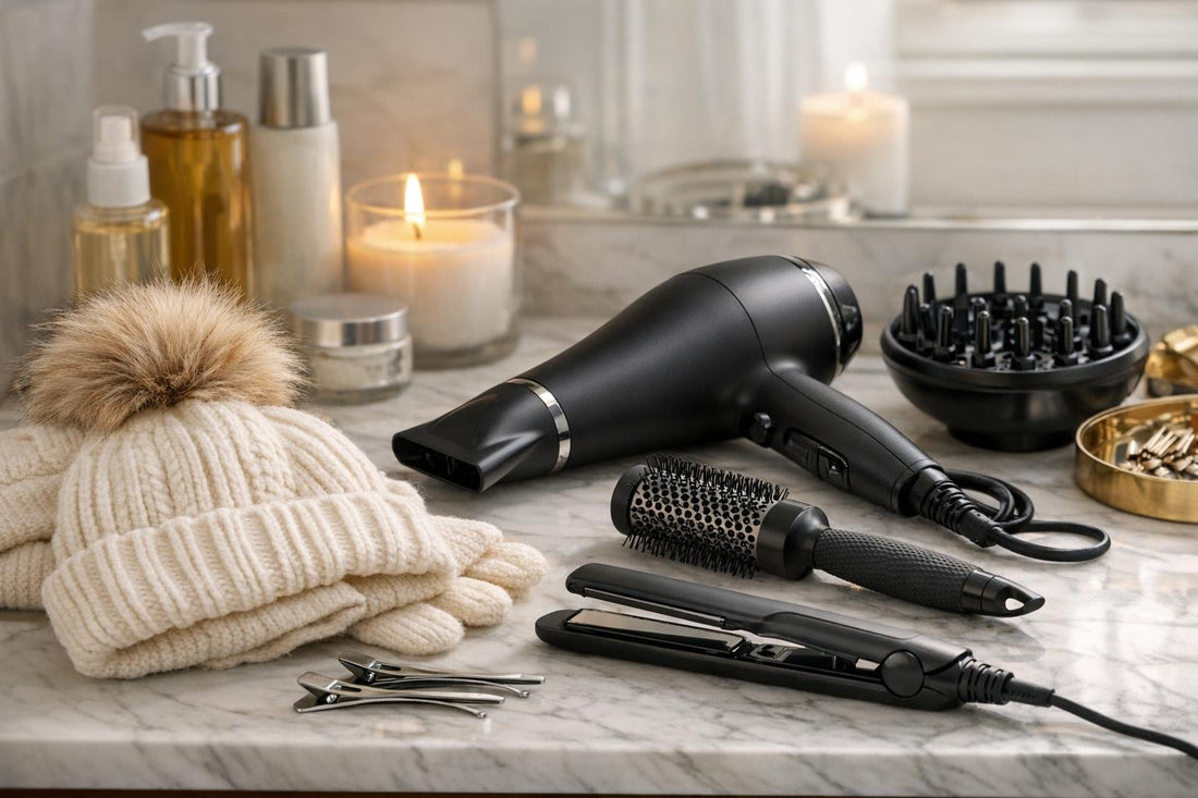 Hair dryer and styling accessories beside winter hat