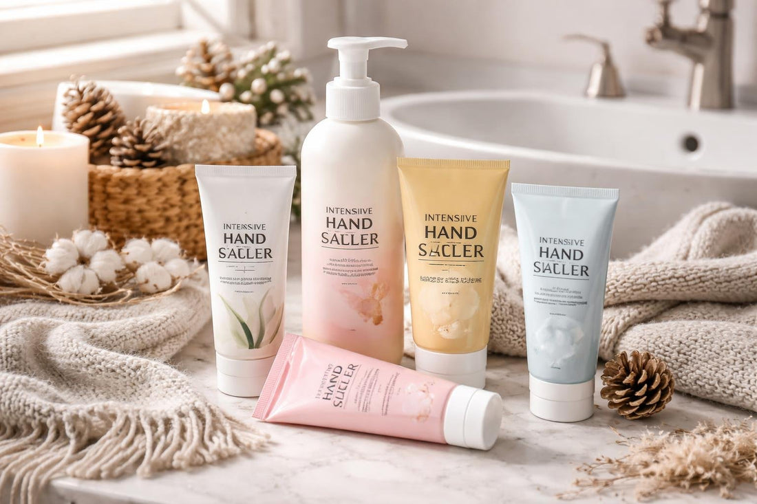 winter hand creams and lotions on table