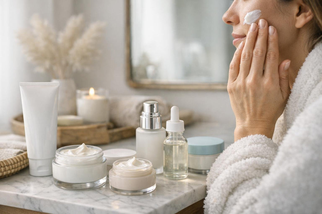 Woman applying cream for dry winter face care