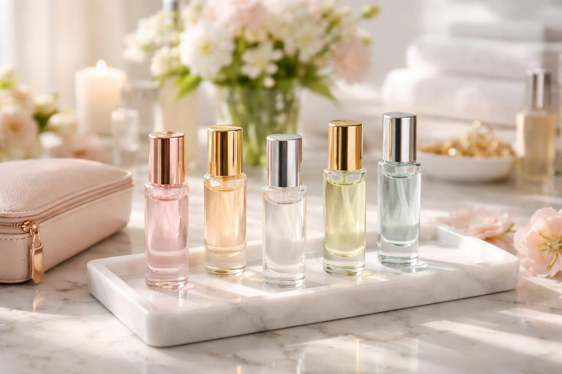 assortment of women's travel-sized eau de toilette bottles
