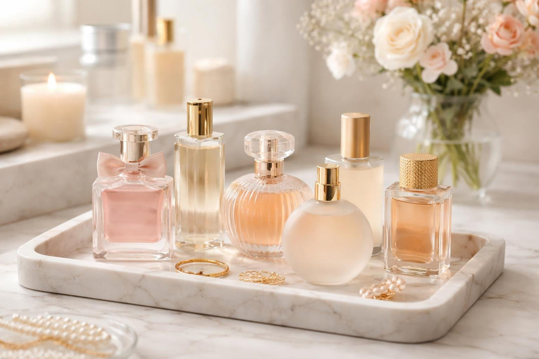 Affordable women's fragrance wardrobe displayed with bottles