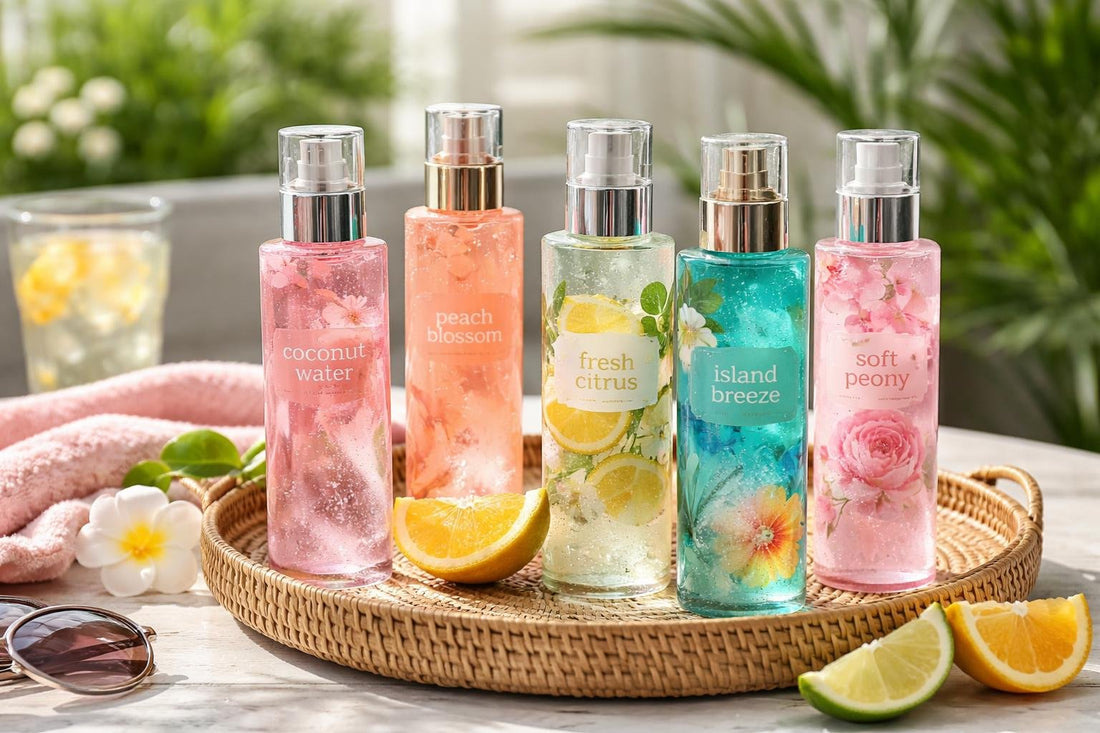 summer women's body spray bottles on patio table