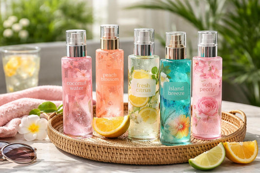 summer women's body spray bottles on patio table