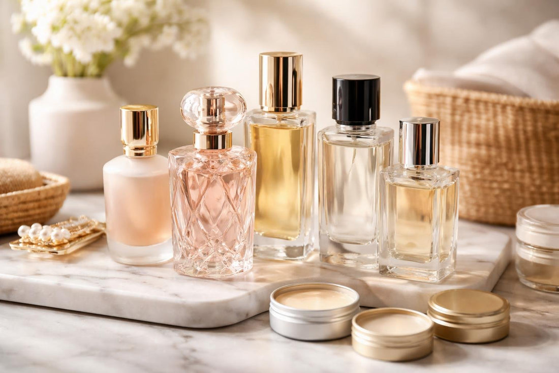 Assorted women's colognes and solid perfume options