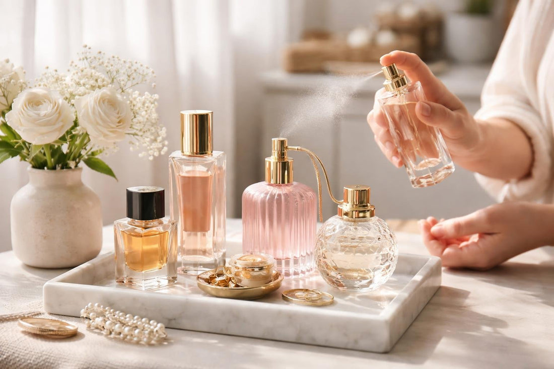 Woman testing cologne bottle in Ontario closet