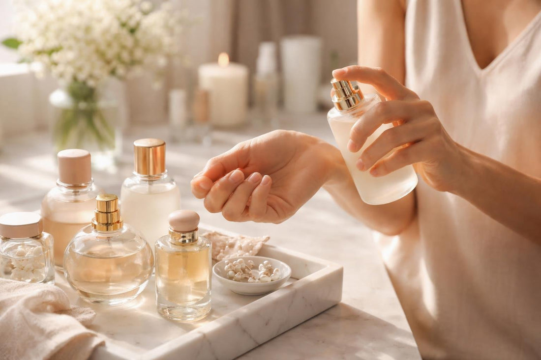 Woman testing cologne on wrist for sensitive skin