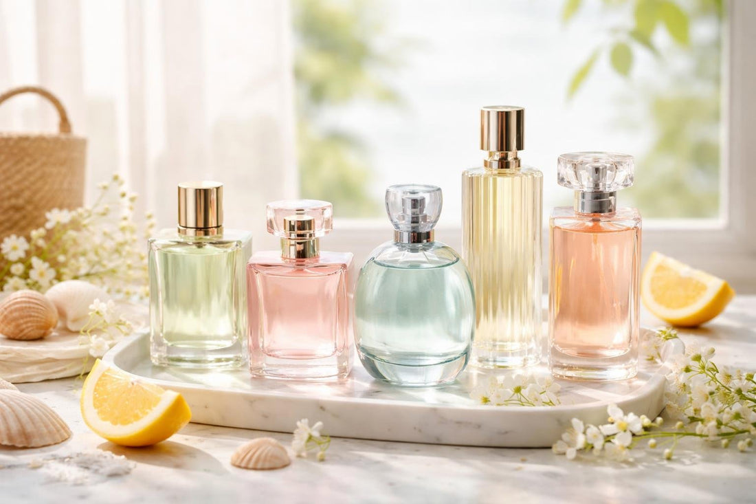 Assorted women’s eau fraîche bottles on summer background