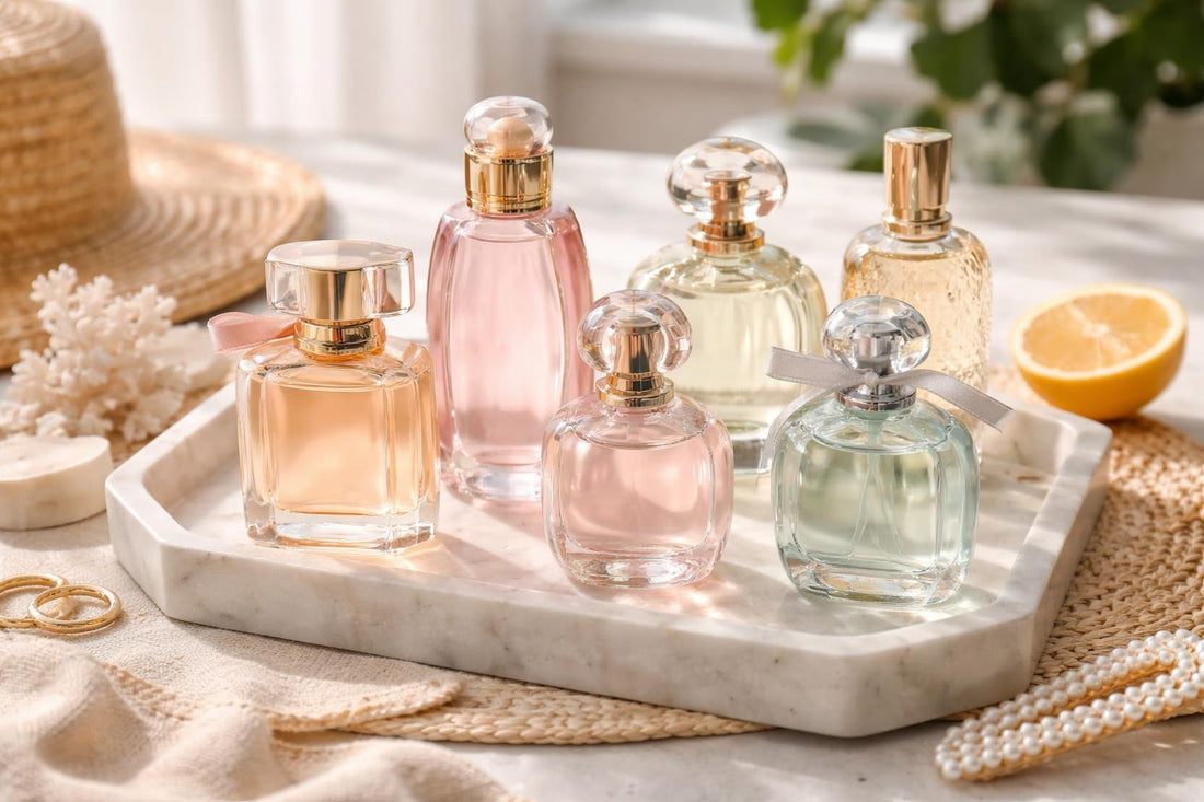 assorted women's summer eau de toilette bottles on table