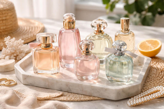 assorted women's summer eau de toilette bottles on table