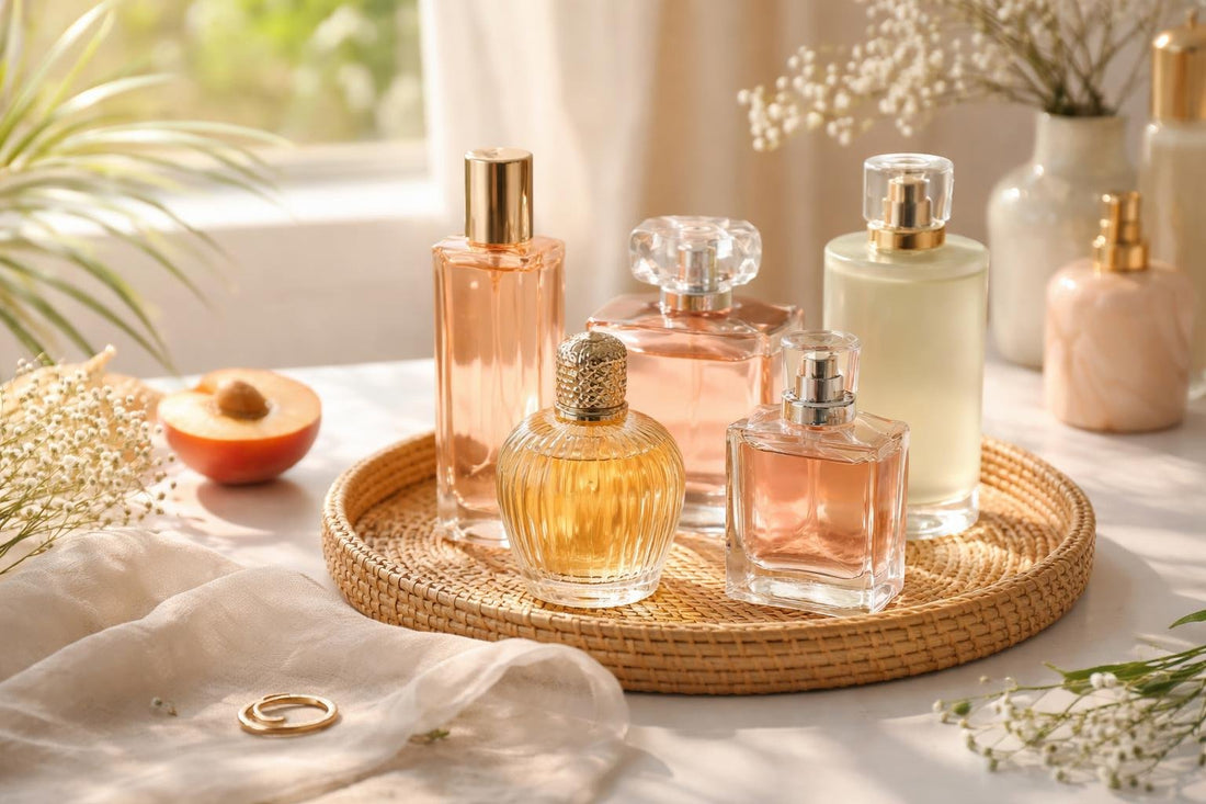Women's eau de parfum bottles on summer table