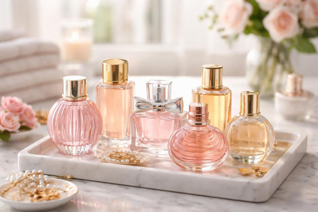 assorted women's eau de toilette bottles on vanity