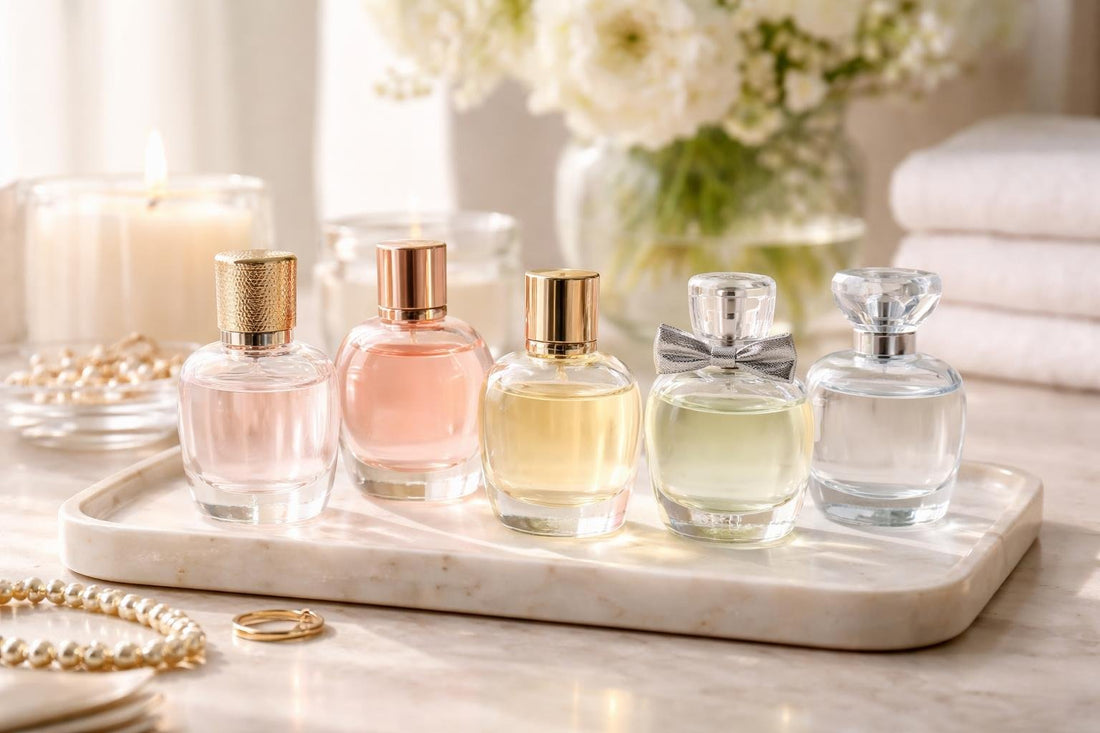 Assortment of women’s eau de toilette bottles on vanity