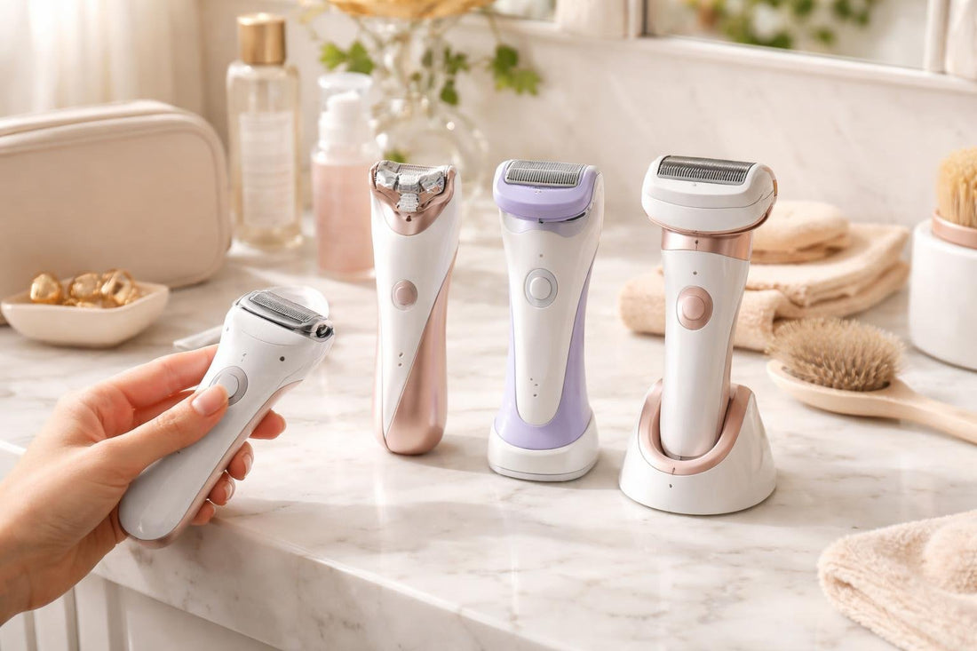 woman holding cordless electric shaver for travel
