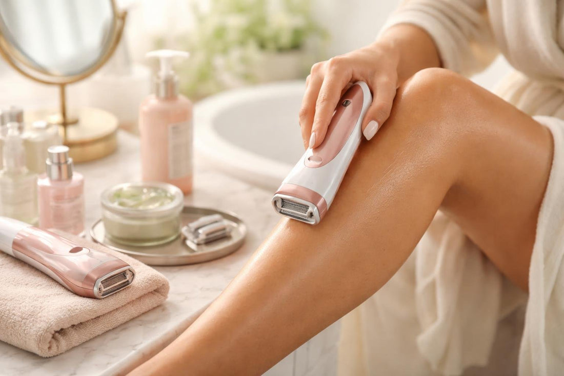 woman using electric shaver on leg for sensitive skin