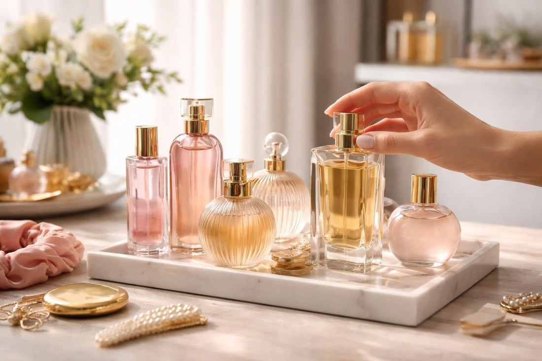 Woman choosing fragrance from varied bottles