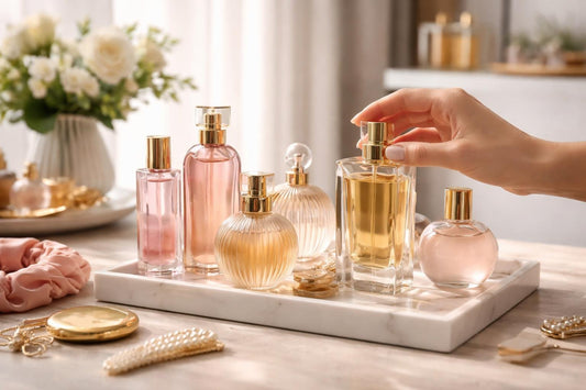 Woman choosing fragrance from varied bottles