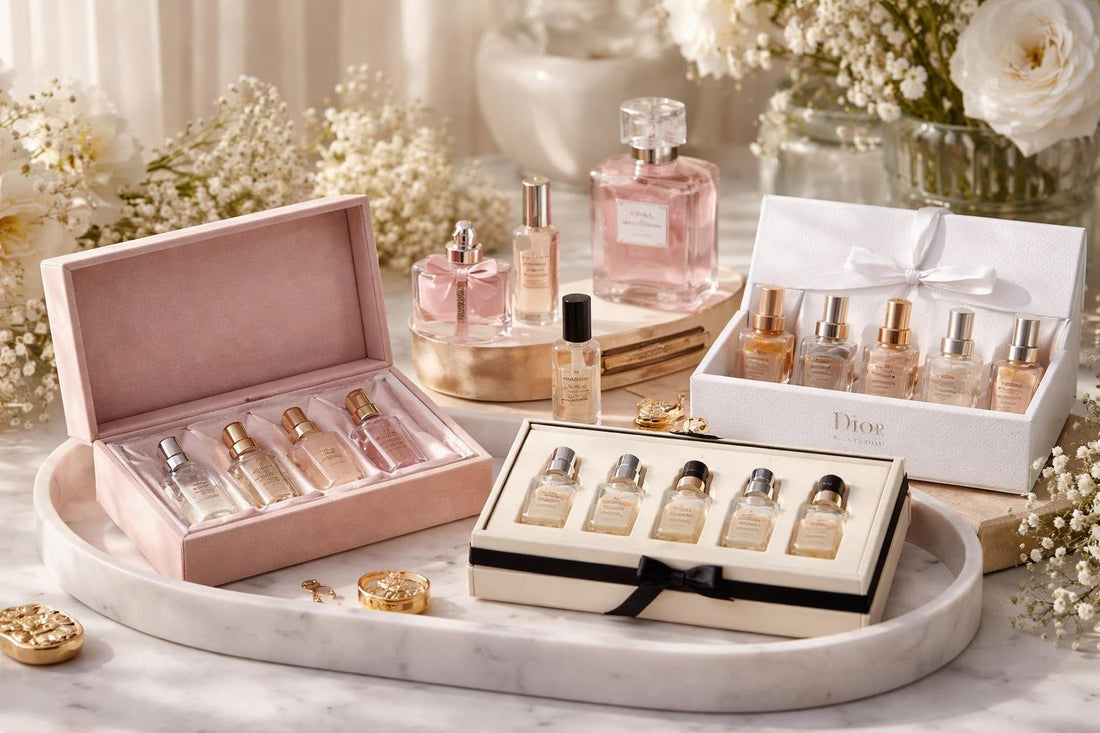 Giftable womens fragrance set minis arranged for the season