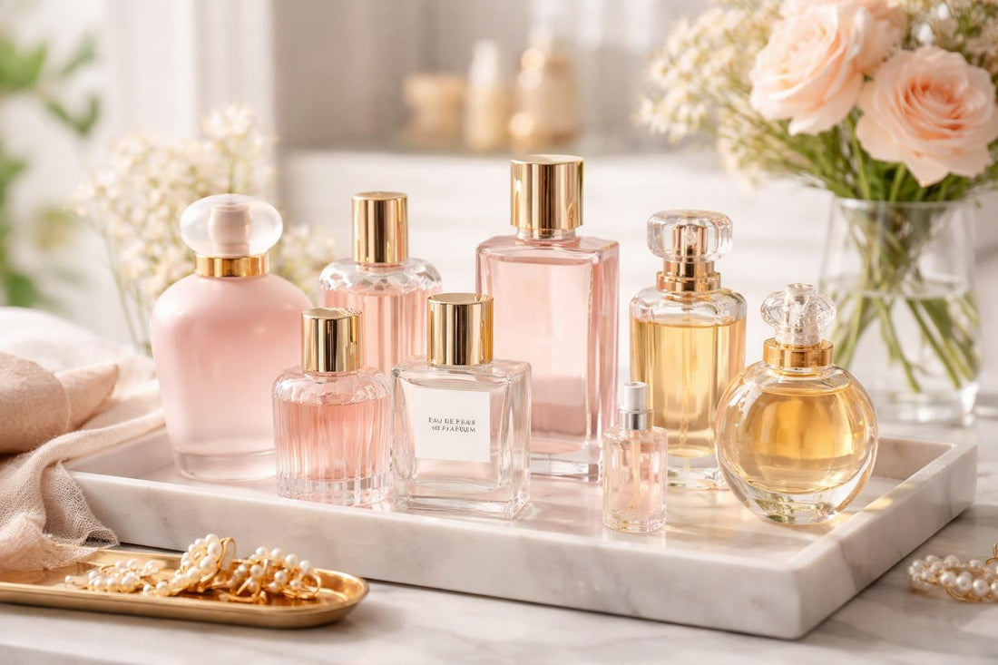 women's fragrance bottles and sprays on shelf