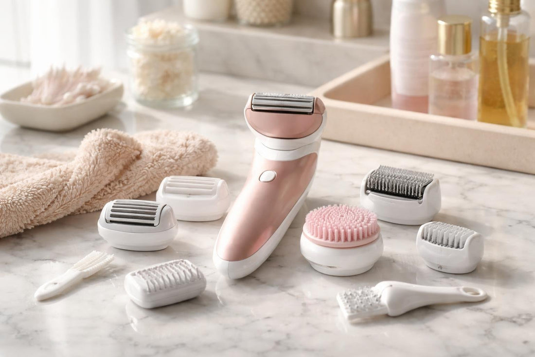 Women’s electric shaver accessories laid out for proper use