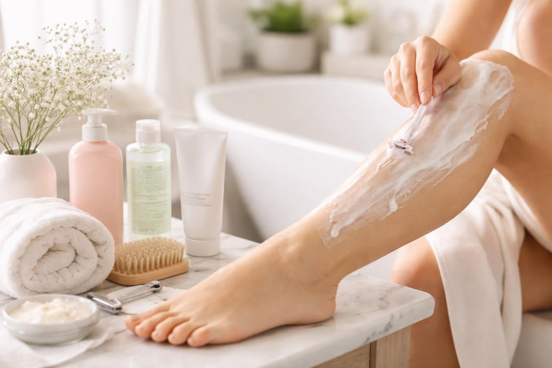 Woman shaving legs with sensitive skin care products